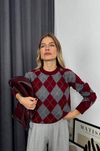 Sue Store Burgundy Gray Diamond Patterned Crew Neck Sweater