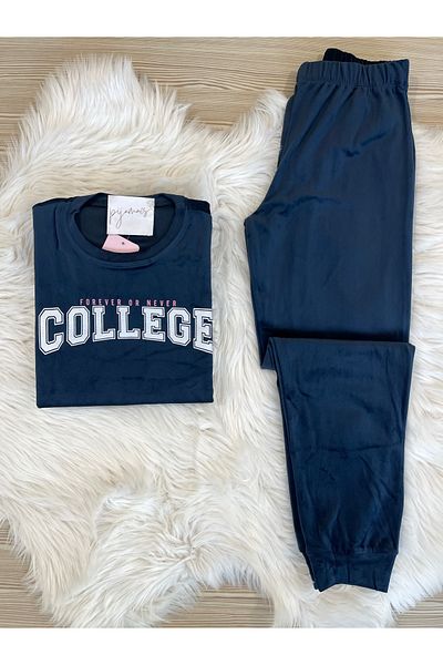 Pijamacs Set de pijamale de damă din catifea franceză cu model text bleumarin