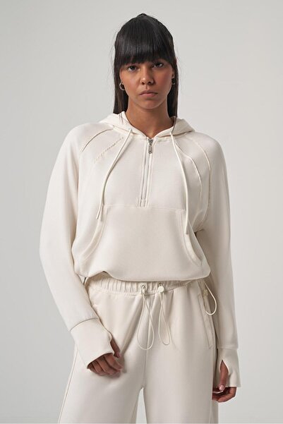 wellwe DENA ekru modal kumaş ultra relax paraşüt kumaş detaylı kapüşonlu sweat