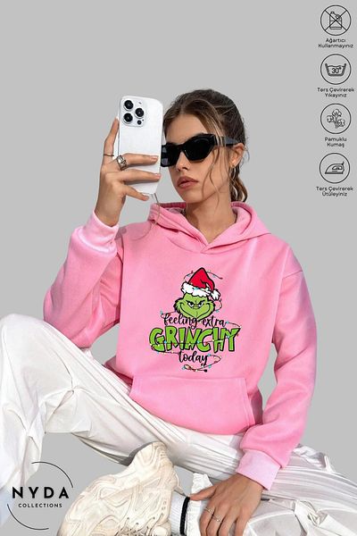 Nyda Collections Grinch New Year's Printed Unisex φούτερ με κουκούλα - Μακρυμάνικο, Raster, Oversize βαμβακερό