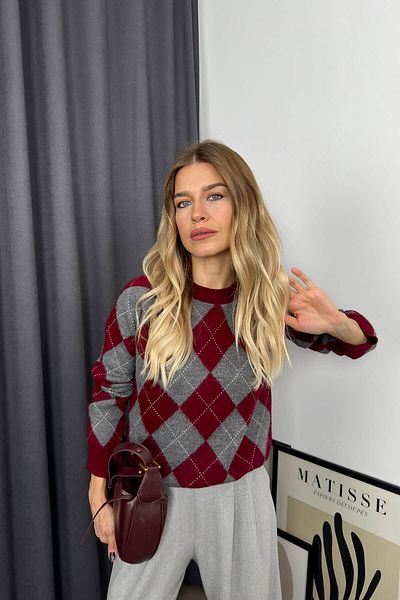 Sue Store Burgundy Gray Diamond Patterned Crew Neck Sweater