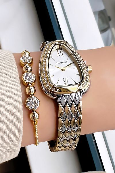 Homies Waterproof Gold Silver Women's Wrist Watch - Steel Band & Bracelet Hmby2033C2