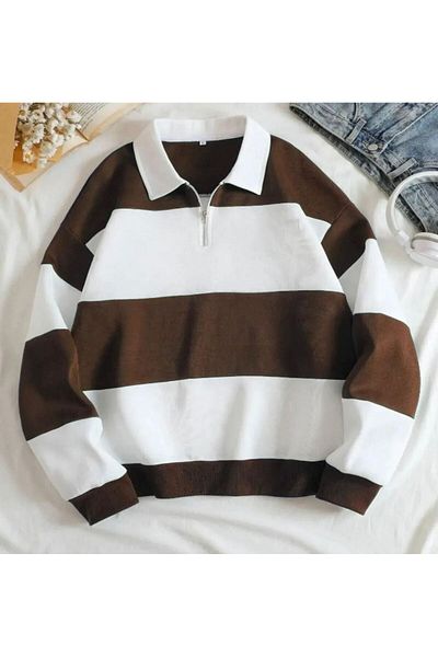 woonkey UNISEX ΜΑΥΡΟ Φούτερ με ριγέ γιακά Pola Oversize - Μισό φερμουάρ, 3 κλωστές