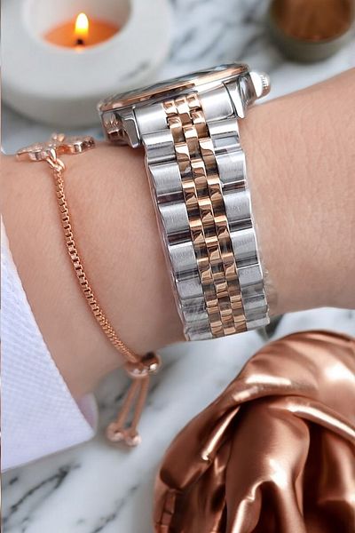 Daniel Klein 29 mm Rose Gold Cutout Glass Stylish Women's Wristwatch and Rhinestone Bracelet Gift