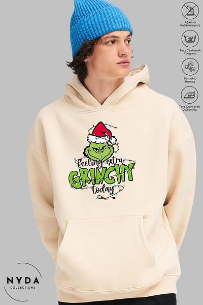 Nyda Collections Grinch New Year's Printed Unisex φούτερ με κουκούλα - Μακρυμάνικο, Raster, Oversize βαμβακερό