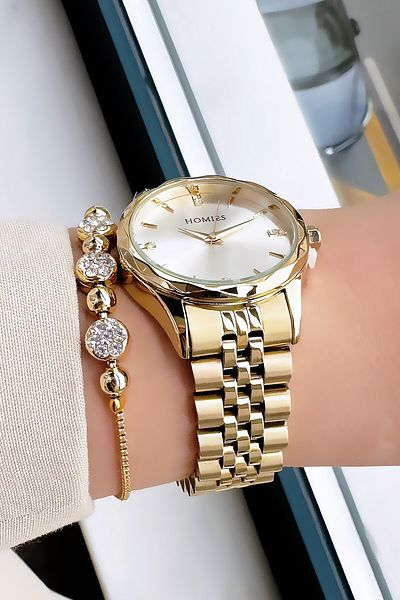 Homies Waterproof Gold Color Women's Wrist Watch - Steel Band & Bracelet Hmby2034C1