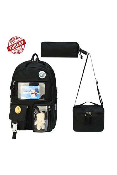 Alanç Gift Custom Korean Style School Bag with Accessories Orthopedic Black Girls' Backpack with Lunch and Pen Holder
