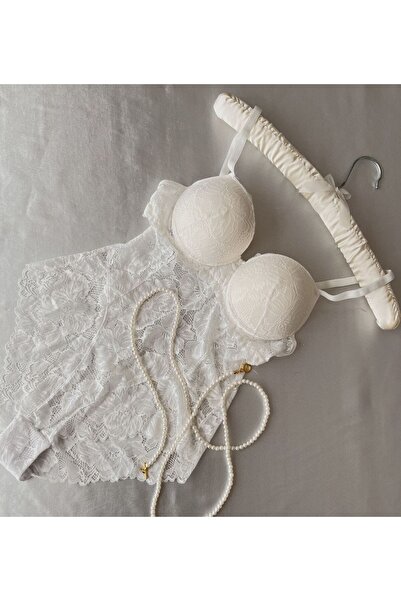 Balenli Destekli Dantel Detaylı Bodysuit - Beyaz-90B