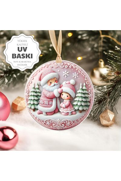 Sevimli Hediye Christmas Pine Tree Ornament - 3D Design Uv Printed - with Santa Claus and Child
