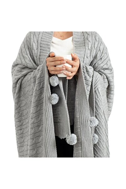 offlimits Knitwear Knitted Tv Blanket - 10 Pompom Sofa Shawl, 130X170