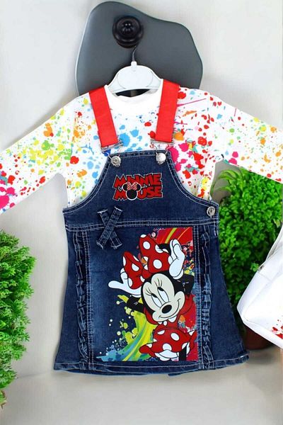 dinamik çocuk minnie Patterned 3-piece Strap long Sleeve Jeans Gilet Badi Suit for 1-5 Years Old Girls