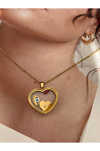 Pinery Jewels قلادة ذهبية نسائية من الفولاذ المقاوم للتشويه على شكل قلب كبير