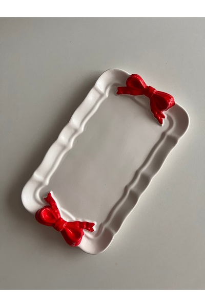 Louve Store Dekoratif Yılbaşı Kırmızı Kurdele Tepsi , Tabak , Takı Tepsisi