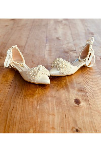 İlkinin Pabuçları Women's Evening Dress Ballerinas, Pearl Bow Detail Wedding Shoes Mother of Pearl Ecru Color, Bridal Ballerinas