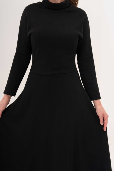 vuvutasarım Kadın Likralı Akrilik Kumaş Balıkçı Dik Yaka Uzun Yarasa Kollu Midi Boy Siyah Ofis Elbisesi 134