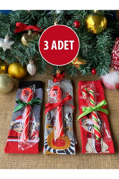 Hepsi Enteresan 3 Pieces of Cane Candy Socks, New Year's Gift, New Year's Gift, Cane Candy, New Year's Stocking