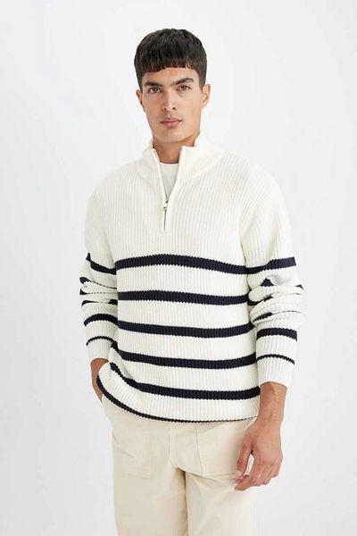 DeFacto D3274 Standard Fit Stand Collar Half Zipper Striped Knitwear Sweater