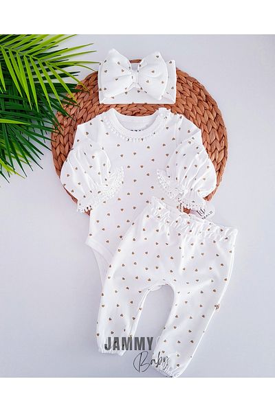 Jammybaby Maria Gold Heart Gilded Baby Girl Luxury 100% Cotton Lace Bandana Bodysuit with Pants Newborn