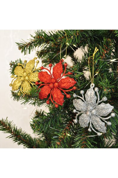 Party Country New Year's Set of 3 Glitter Tree and Flower - 10 cm