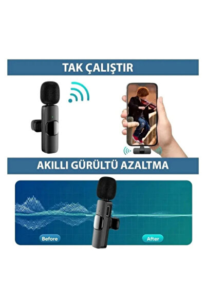 SONREİR K9 2'li Kablosuz Yaka Mikrofonu Type-C Girişli Tak Çalıştır İphone/Android Uyumlu Yaka Mikrofonu