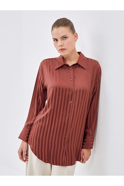LC Waikiki Lcw Modest Blue Striped Satin Women's Shirt Tunic