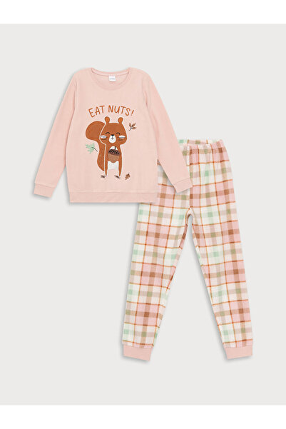LC Waikiki Pink Crew Neck Fleece Girl's Pajama Set