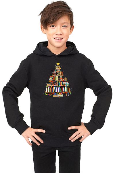 Tshirthane Черен суичър с качулка 3ip за деца, любители на книги, Коледа