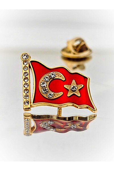 YÖRÜK TASARIM Türk Bayrağı Mine Boyalı Taşlı Altın Kaplama Yaka Rozeti