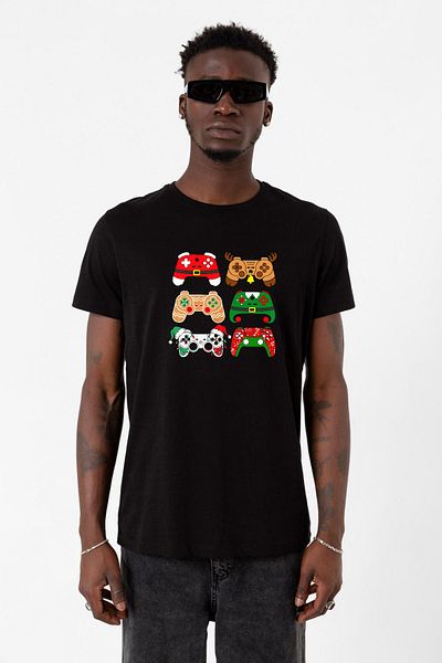 Tshirthane Мъжка коледна черна тениска с контролер за видеоигри