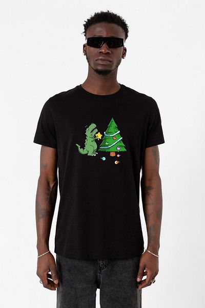 Tshirthane Μαύρο ανδρικό μπλουζάκι με χριστουγεννιάτικο δέντρο δεινοσαύρων