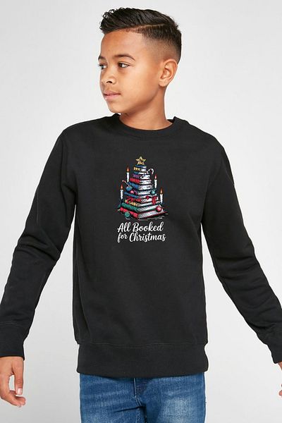 Tshirthane Детски суитшърт от 2 прежди, черен, с етикет „All Booked For Christmas“