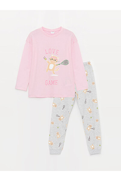 LC Waikiki Lcw Kids Pink Crew Neck Printed Long Sleeve Girls Pajamas Set
