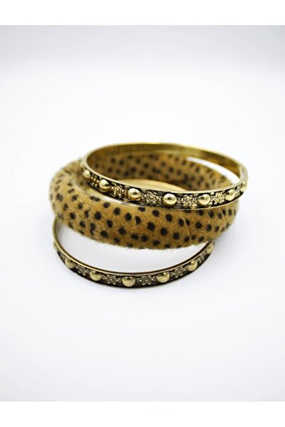 Zehra Aksesuar Tüylü leopar kelepçe kombin 3'lü özel seri bilezik seti