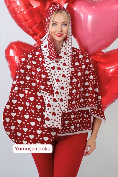 DALİSA Heart Motif Shoulder Shawl Beanie Set, Christmas and Valentine's Day Gift