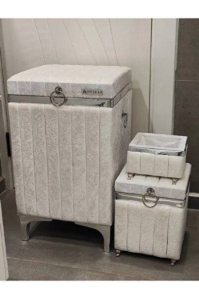 Özyer Çeyiz 3 Parça Kare Krem Renk Gümüş Şeritli Lüks Kadife Banyo Kirli Çama...