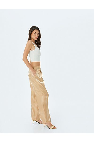 Koton High Waist Palazzo Satin Trousers with Pockets and Pleat Detail