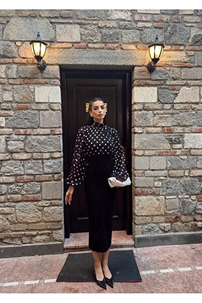 Afiş Butik Siyah Puantiyeli Yarım Balıkçı Yaka Balon Kollu Elbise