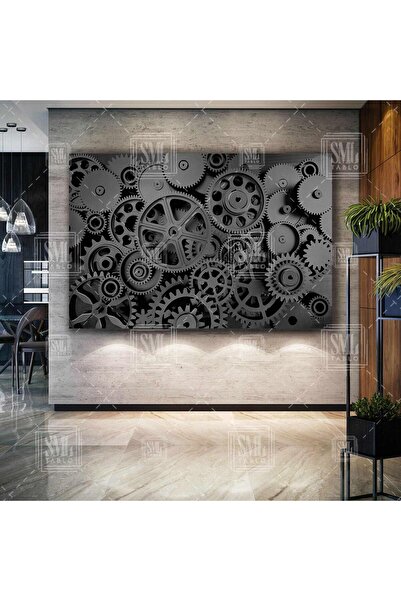 SML TABLO Birbirine Bağlı Siyah Dişli Çarklar Zaman Saat Mekanik Yatay Kanvas...