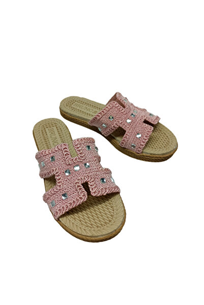 Sia Çanta Straw Knitted Belted Bead Stoned Soft Tight Cork Sole Women's Slipp...