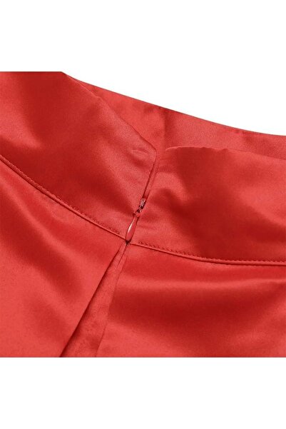 NSMLİFE Women's Red High Waist Maxi Long A-line Satin Skirt
