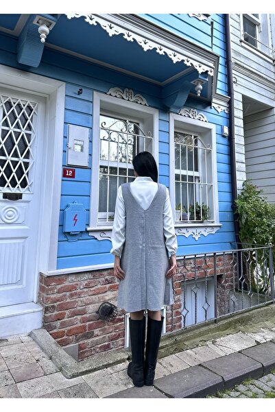 KÜÇÜĞÜM BUTİK Gri Renk Kısa Kaşe V Yaka Jile Elbise
