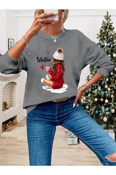 Kokosh moda Γυναικεία μακρυμάνικη μπλούζα με λαιμόκοψη με στάμπα βισκόζης με δύο κλωστές