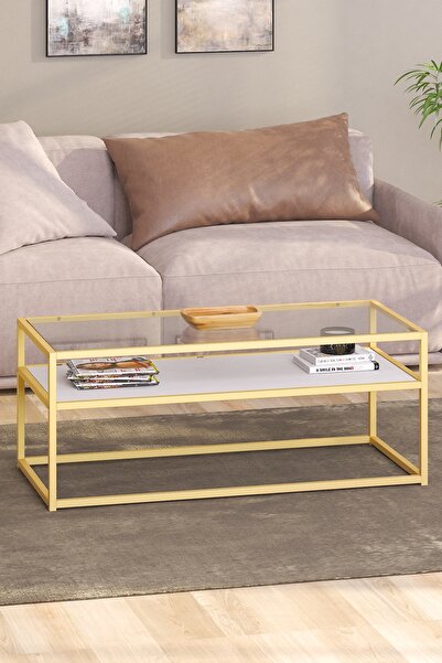 TOLIAHOME Modern Beyaz Gold Renk Metal Iskeletli Temper Camlı 2 Katlı Dikdört...