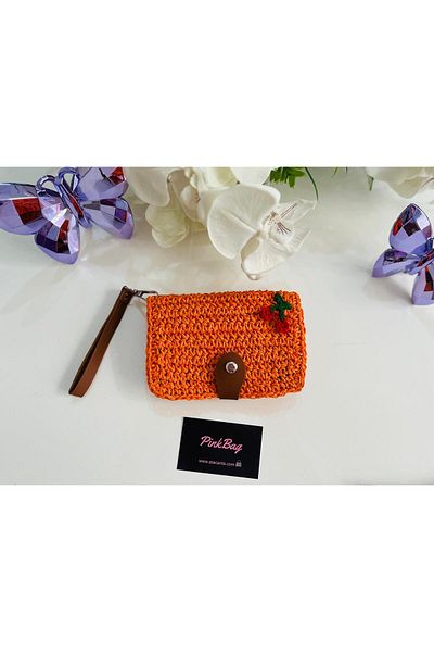 PİNKBAG Handmade Wicker Cherry Detailed Orange Wallet