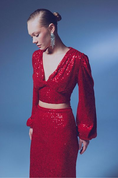 Sateen Double Breasted Sequined Crop Blouse - Red