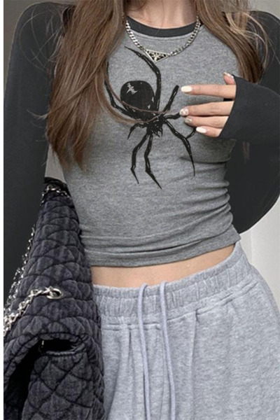 Karakedi Black Widow Raglan Sleeve Gray Melange Basic Gothic Y2K Long Sleeve Crop