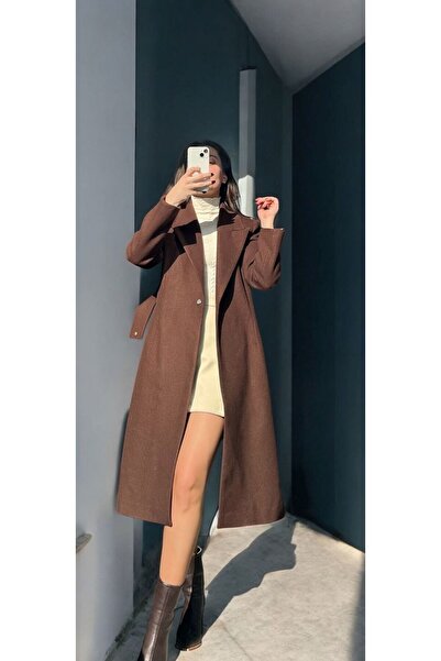 Butik Hepa-gg Kahverengi Uzun Kadın Kaşe Kaban