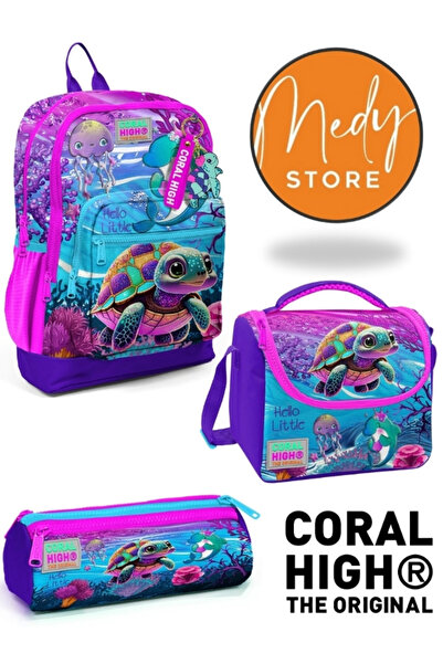 Coral High Pembe Mor Kaplumbağa Desenli 3’lü Okul Çanta Seti