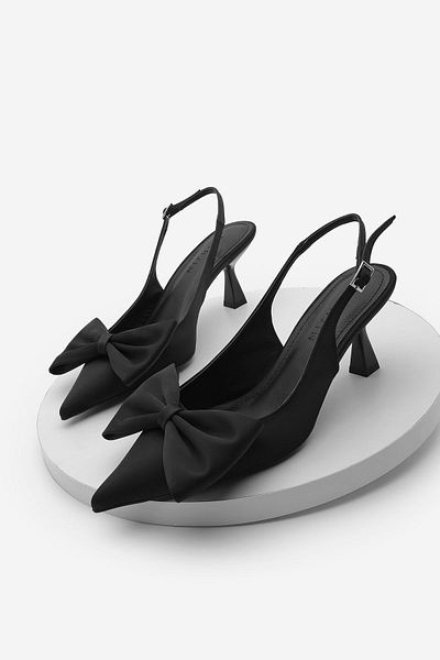Marjin Schwarzer Stiletto – Spiral-Absatzschuhe mit offenem Rücken und Schleifendetail
