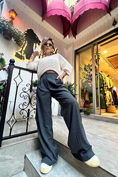 Eswomes جيب جانبي كبير قطعة بنطلون واسع الأرجل مدخن